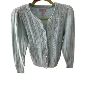 Lauren Cole Petites Mint Green Lambswool Angora Pearl Cable Knit Cardigan Small